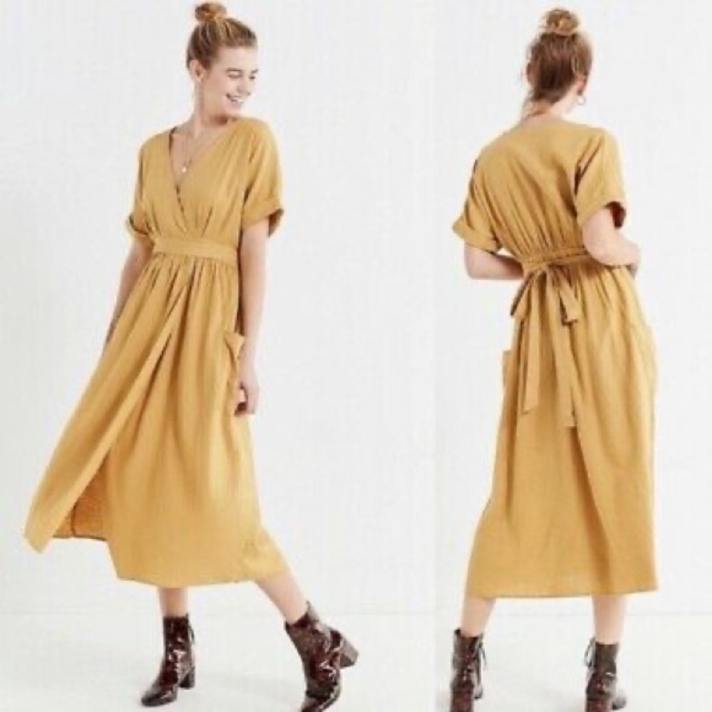 Mustard Yellow Wrap Tie Dress